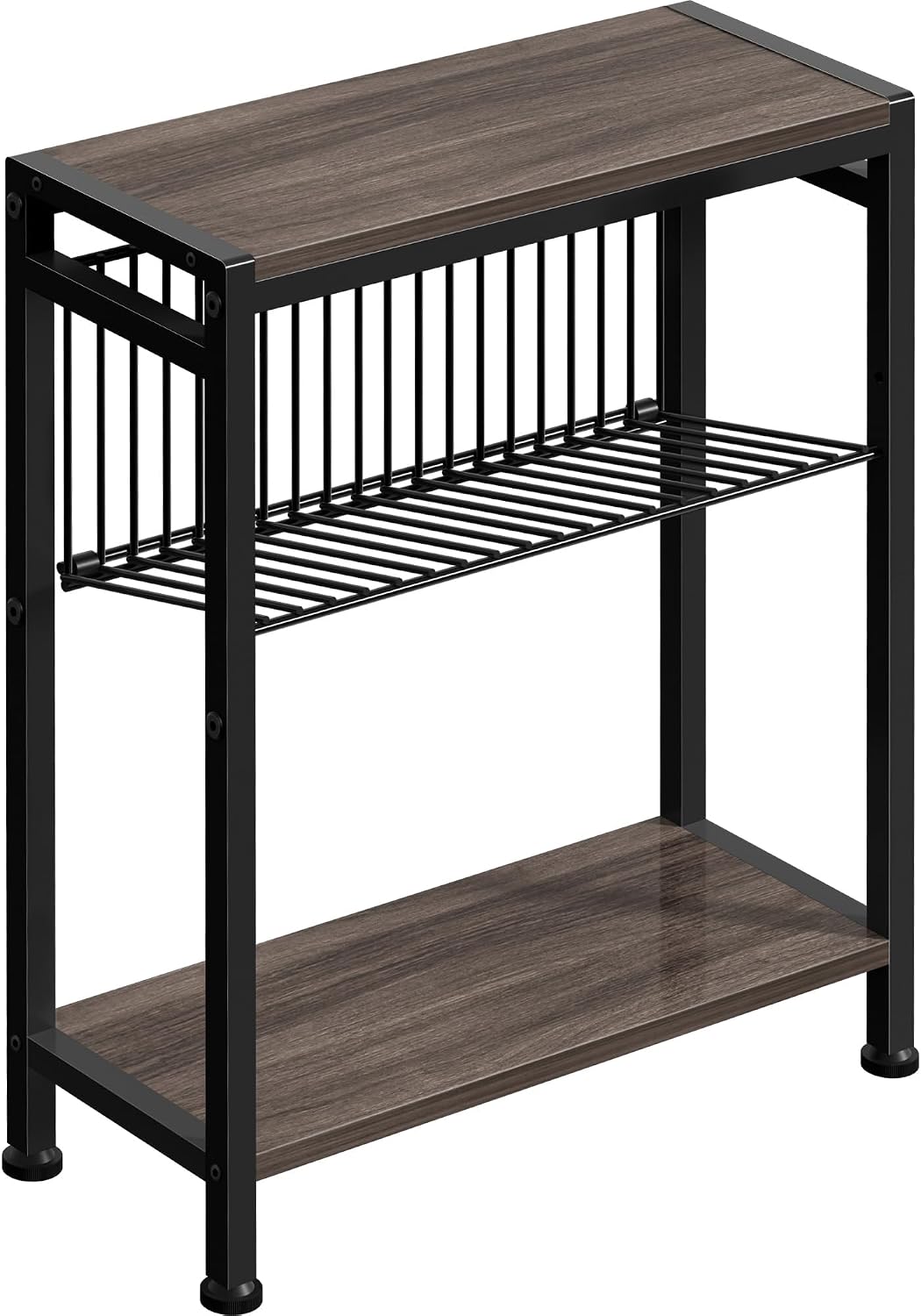 Small Side Table for Small Space, 3-Tier Narrow End Table with Magazine Holder,Slim Nightstand, Skinny Snack Couch Table in Living Room, Bedroom Study and Balcony (Rustic Brown &Black)