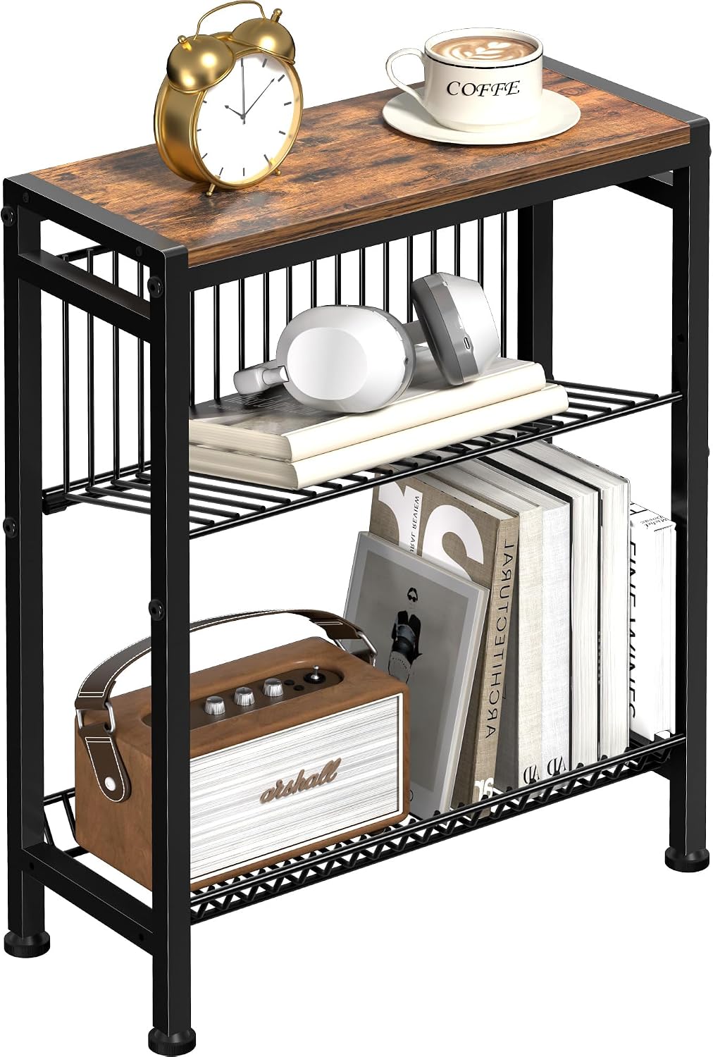 Small Side Table for Small Space, 3-Tier Narrow End Table with Magazine Holder,Slim Nightstand, Skinny Snack Couch Table in Living Room, Bedroom Study and Balcony (Rustic Brown &Black)