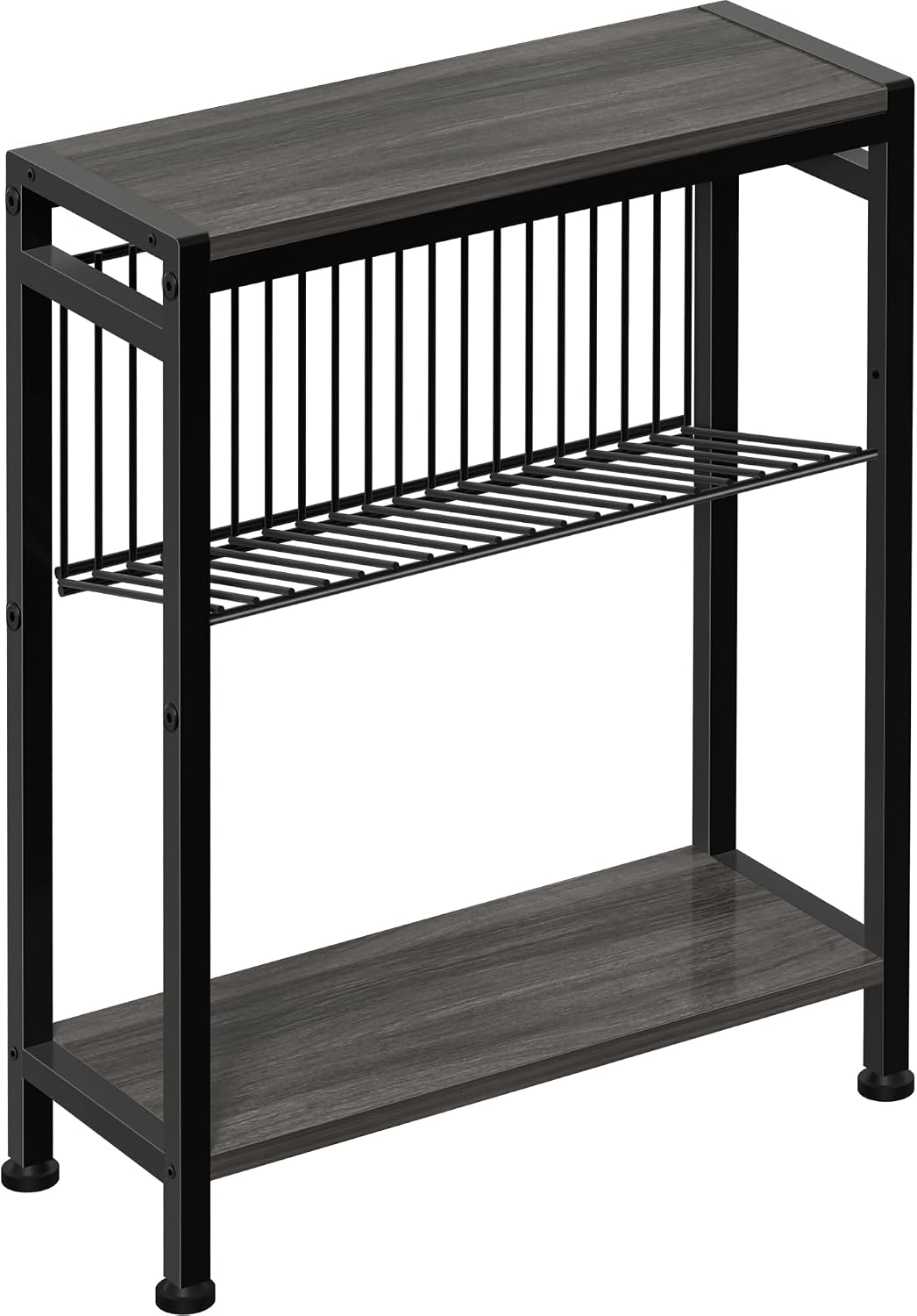 Small Side Table for Small Space, 3-Tier Narrow End Table with Magazine Holder,Slim Nightstand, Skinny Snack Couch Table in Living Room, Bedroom Study and Balcony (Rustic Brown &Black)