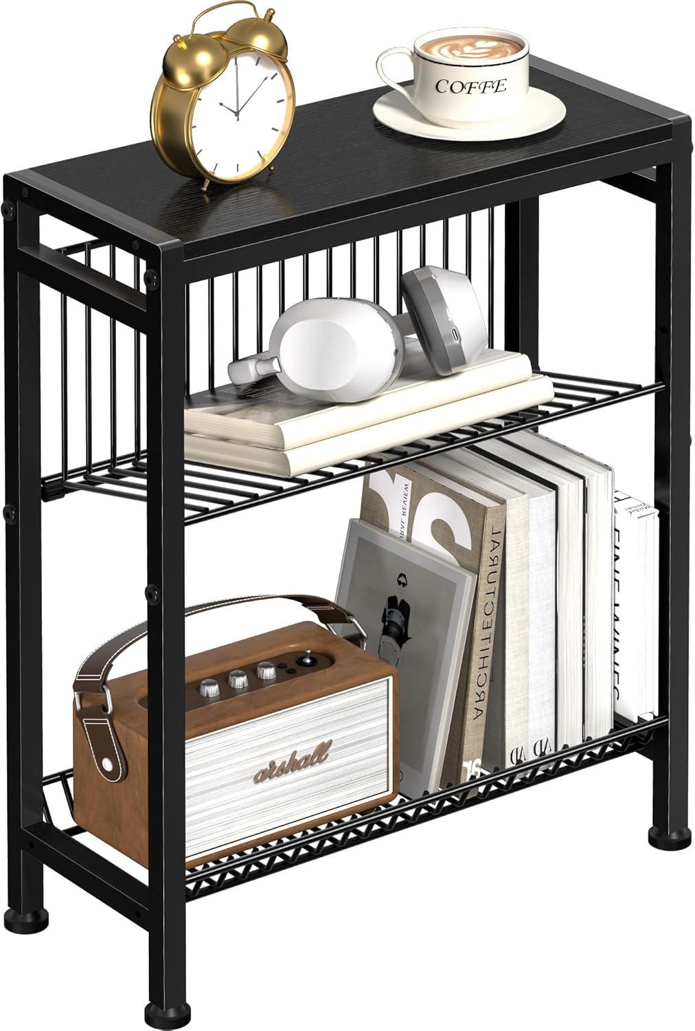 Small Side Table for Small Space, 3-Tier Narrow End Table with Magazine Holder,Slim Nightstand, Skinny Snack Couch Table in Living Room, Bedroom Study and Balcony (Rustic Brown &Black)