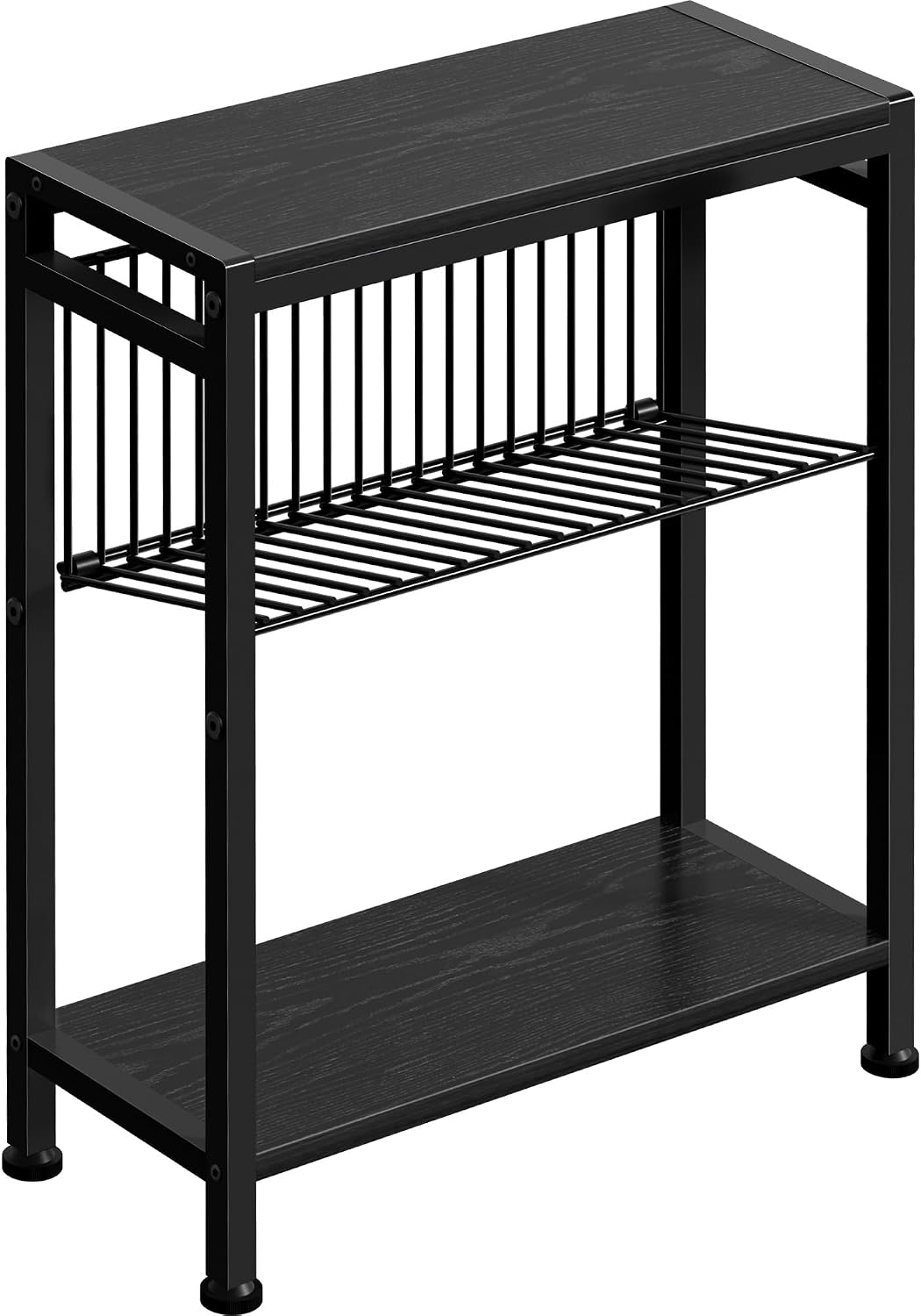 Small Side Table for Small Space, 3-Tier Narrow End Table with Magazine Holder,Slim Nightstand, Skinny Snack Couch Table in Living Room, Bedroom Study and Balcony (Rustic Brown &Black)