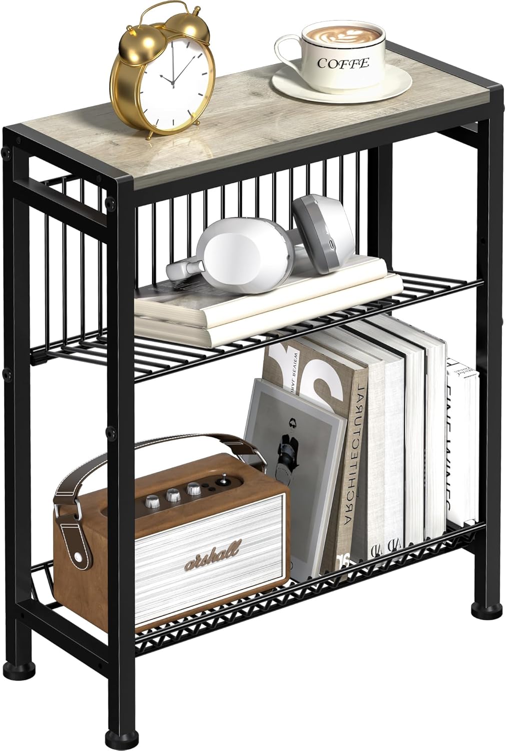Small Side Table for Small Space, 3-Tier Narrow End Table with Magazine Holder,Slim Nightstand, Skinny Snack Couch Table in Living Room, Bedroom Study and Balcony (Rustic Brown &Black)