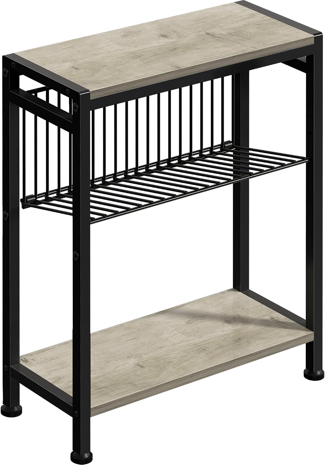 Small Side Table for Small Space, 3-Tier Narrow End Table with Magazine Holder,Slim Nightstand, Skinny Snack Couch Table in Living Room, Bedroom Study and Balcony (Rustic Brown &Black)