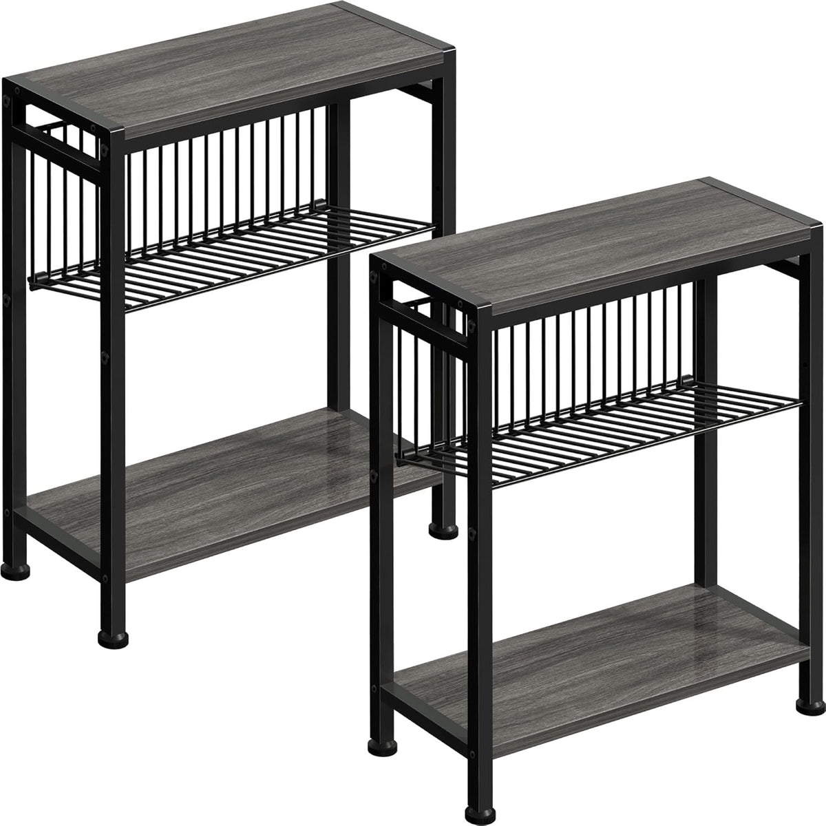 Small Side Table for Small Space, 3-Tier Narrow End Table with Magazine Holder,Slim Nightstand, Skinny Snack Couch Table in Living Room, Bedroom Study and Balcony (Rustic Brown &Black)